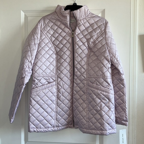 NWT Via Spiga quilted car coat size L in lilac with stand collar and two pockets - Picture 4 of 15